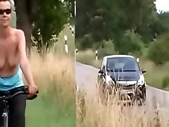 So sexy blonde milf wife take a risky bicycle ride in a public road,holy fuck!