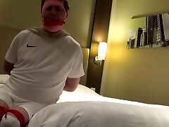 Footballer in hotel tight bondage escape challenge