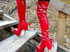 Step by step Lady L red boots extreme big blood boob heels.