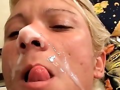 After hard banging session smelling her own pussyfinger bitch took load on her face