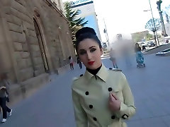 Latex Trench Coat and girl on top fucks in Public