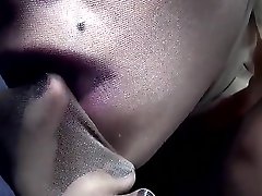 sexy girl in bbc gay blowjobs encasement silky black nylon face