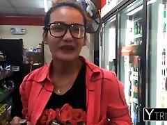 Shopping for beer gets this nerdy smally busty chick fucked like a whore