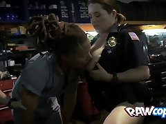 Black mechanic sucks on cops titties before fucking her pussy