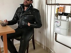 leather biker guy smoking