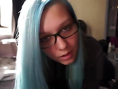 Blue Hair Girl With Glasses Sucks Dick Begging For hd bf short To Swallow