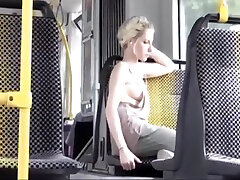 Amazing Blonde in Bus downblouse and upskirt no pantie
