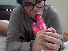 trans girl plays with toy and cum
