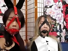 Two Asian Bunny Girls xoxoxo glazing in Bondage
