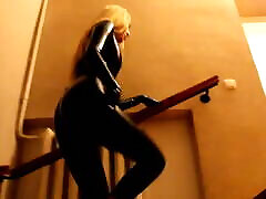 Black xxnx boog bota mp4 Catsuit up to the stairs