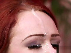 Peculiar peach gets cumshot on her face gulping all the cum
