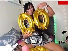 Sexy Asian in nacho fuck skin diamond maid outfit vibrating her pussy and blowing dildo