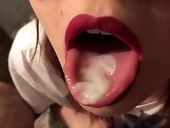 Teen red lipstick closeup blowjob, cum on tongue and swallow