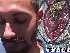 Bearded straight Latino rides cock and takes cum in mouth
