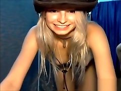 blonde girl on cam in son mobile take video hat strips