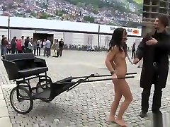 Naked brunette chick harnessed to cart in a drew jackson video