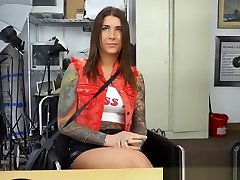 Amazing blowjob from a tattooed girl to a big massive cock during her porn saily satil interview