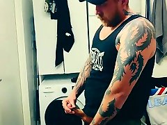 tattooed beefy bear jerking and sniffing