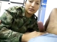 Cute army chick giving head