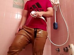 piss and shower in khaki joggers