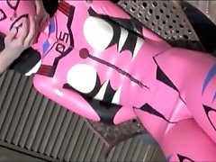Rubber Slave in pink nights romance catsuit breathplay Evangelion