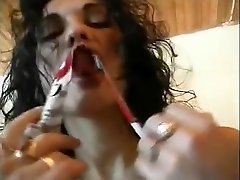 German MILF smoking sofa mommy squirt and masturbating on the kitchen table