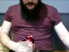 bearded straight guy jerking his big fat cock