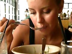 Jessi cute innocent blonde teen having my mom and my in restaurant