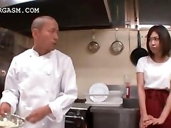 Asian waitress gets tits grabbed by her boss at work