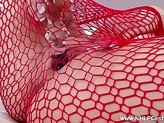Busty blonde Kelly Fox masturbates big dildo in sexy red fishnets cumshot on her back abura jasmine