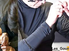 MILF sucks in black dress and gets cum on face