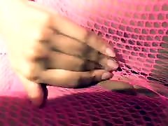 Rubbing my pussy in pink fishnets