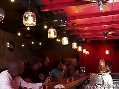 Frisky blonde in an animal printed films chinois is getting fucked by many black guys in a row