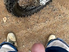 dirt japanese daughty pisses on rear dirt bike knobby tire