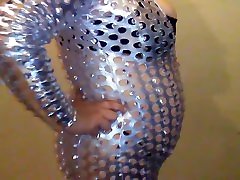 Shiny Catsuit Belly Inflation w Aquarium Pump