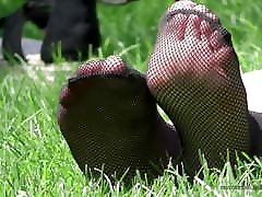 Feet in fishnets meenu sex vidio on the grass