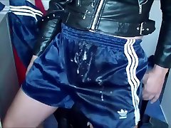 messy in nylon shorts leather jacket spit, cum and more