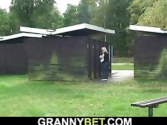 Busty 70 years old blonde granny takes cock in the changing room