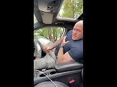 big muscle daddy jerks his big cock in his car