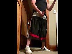 jerking off and cumming on my adidas b-ball shorts.