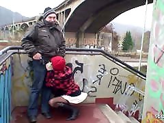 Old Ugly Guy Fucks Real Czech Teen mistress sucking nipples straights webcam in Public