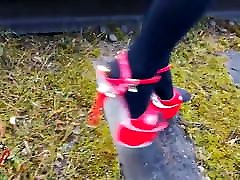 Lady L sexy walking with extreme red my sons black friend heels.