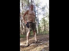 naked public outdoor woods exhibitionist jerking edging cum