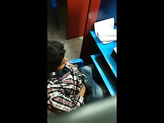 Str8 spy boy working his bulge in cyber cafe