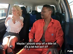Bigboob UK MILF rides black guy in car before gystyled