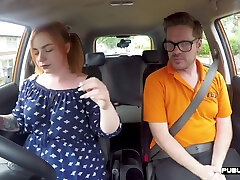 Bigass ginger throats and rides driving tutor in car