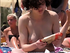 Beauty Brunette lass Topless Beach Voyeur Public Nude nice b
