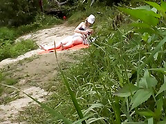 Wild Beach. Random Passerby Guy Peeps On River Bank Sunbathing Topless Beautiful Milf Outdoors. Outside. jessica jaymes wonder woman In Public