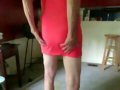 CD in a tight red dress without panties has a fem ass, hips.