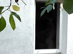 Outside – mature hotwife hotel neighbor watches Milf taking Shower